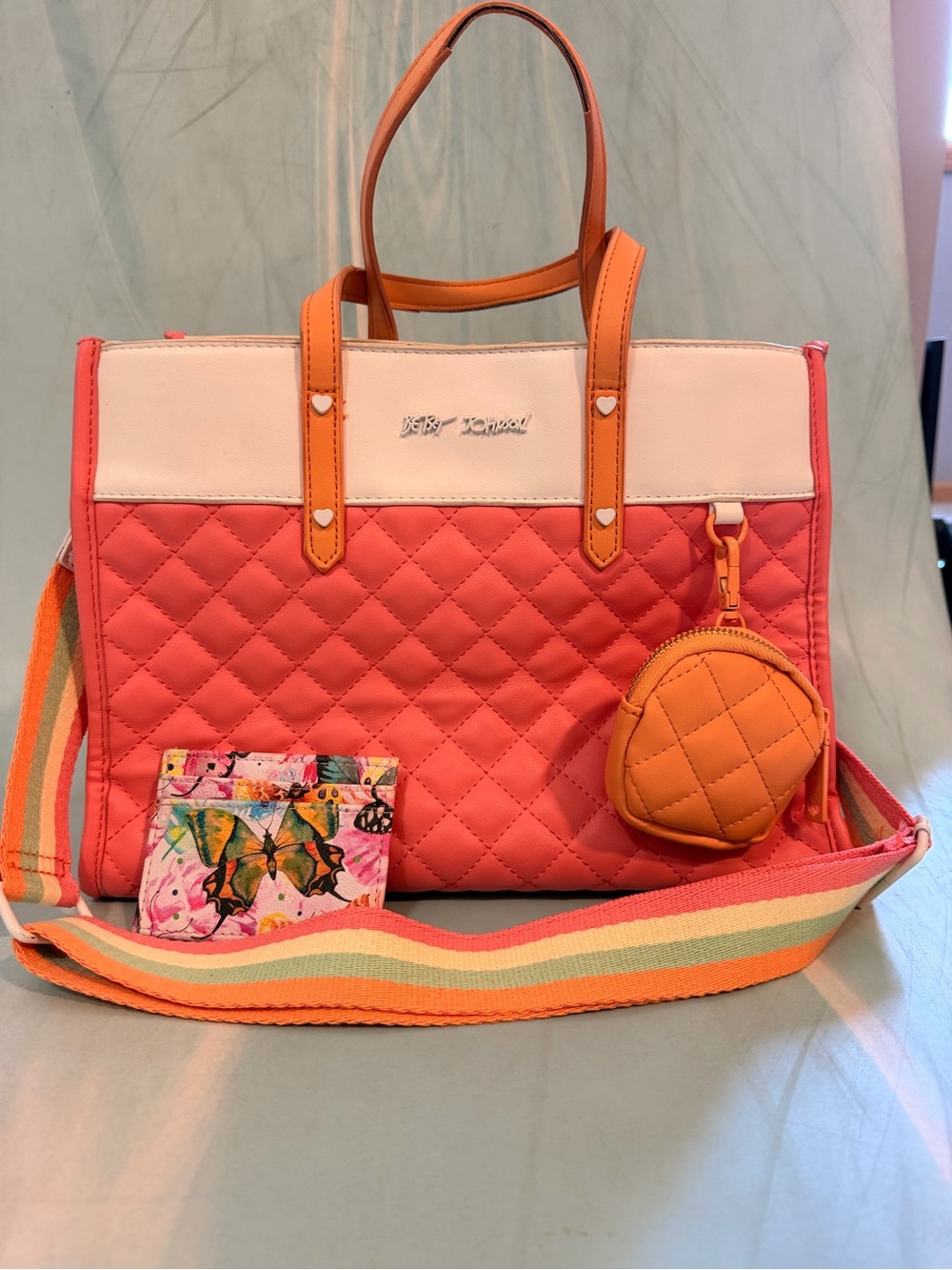 Betsey Johnson Coral Quilted Tote crossbody + card holder 🔥so good!